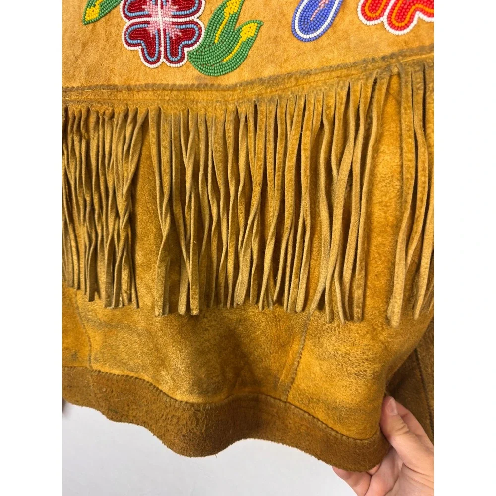 Vintage Buckskin Western Beaded Fringe Jacket Leather Floral Native Crop Women S - Picture 9 of 16